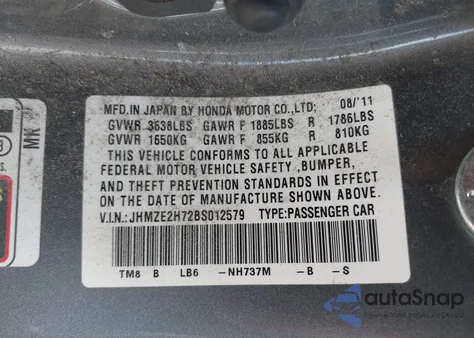 2011 Honda Insight Ex from USA, damaged, VIN JHMZE2H72BS012579